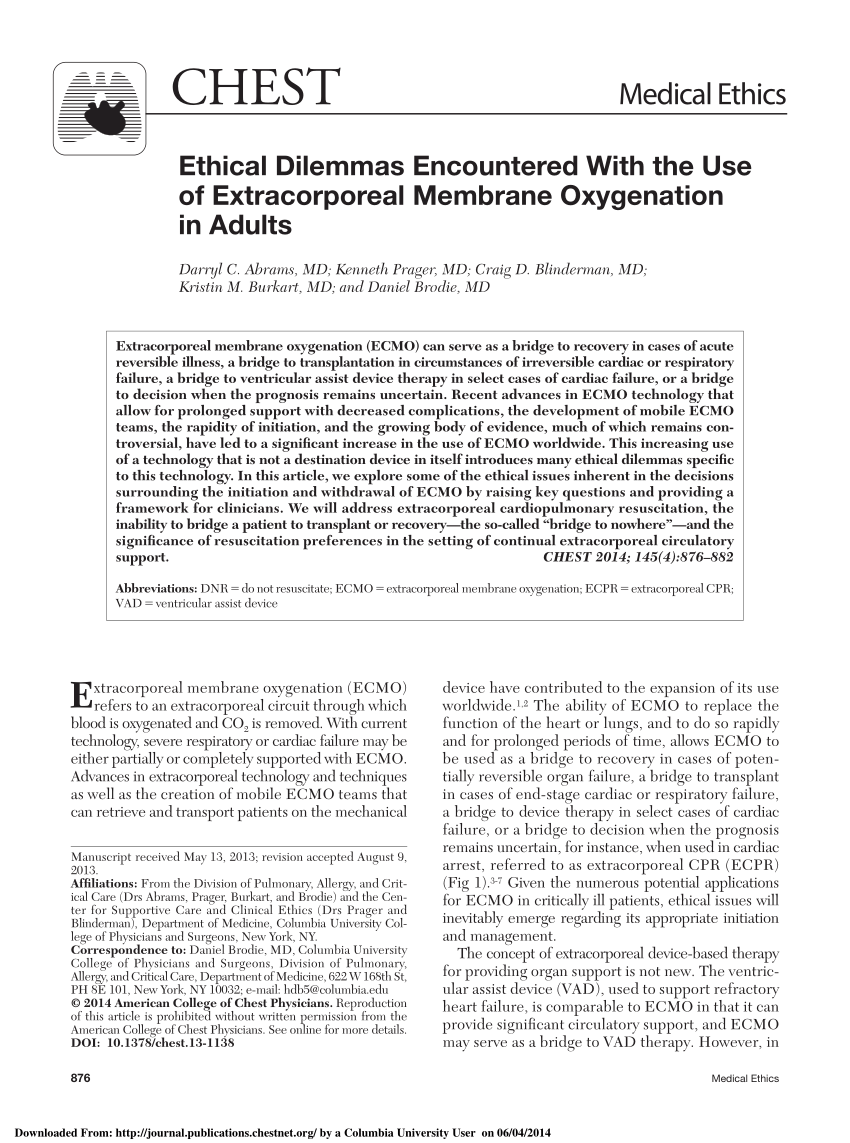 PDF Ethical Dilemmas Encountered With the Use of Extracorporeal