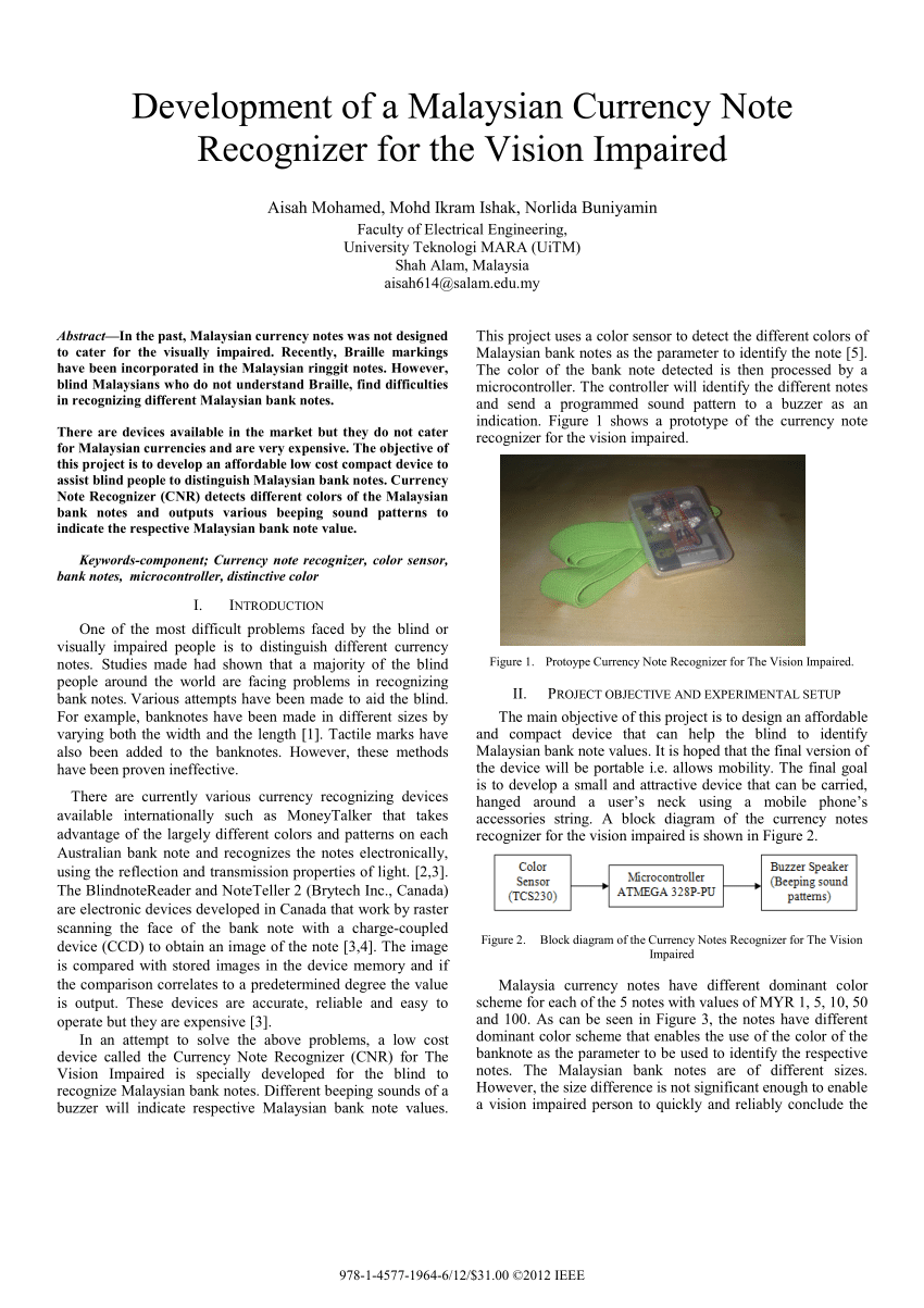 Pdf Development Of A Malaysian Currency Note Recognizer For The Vision Impaired