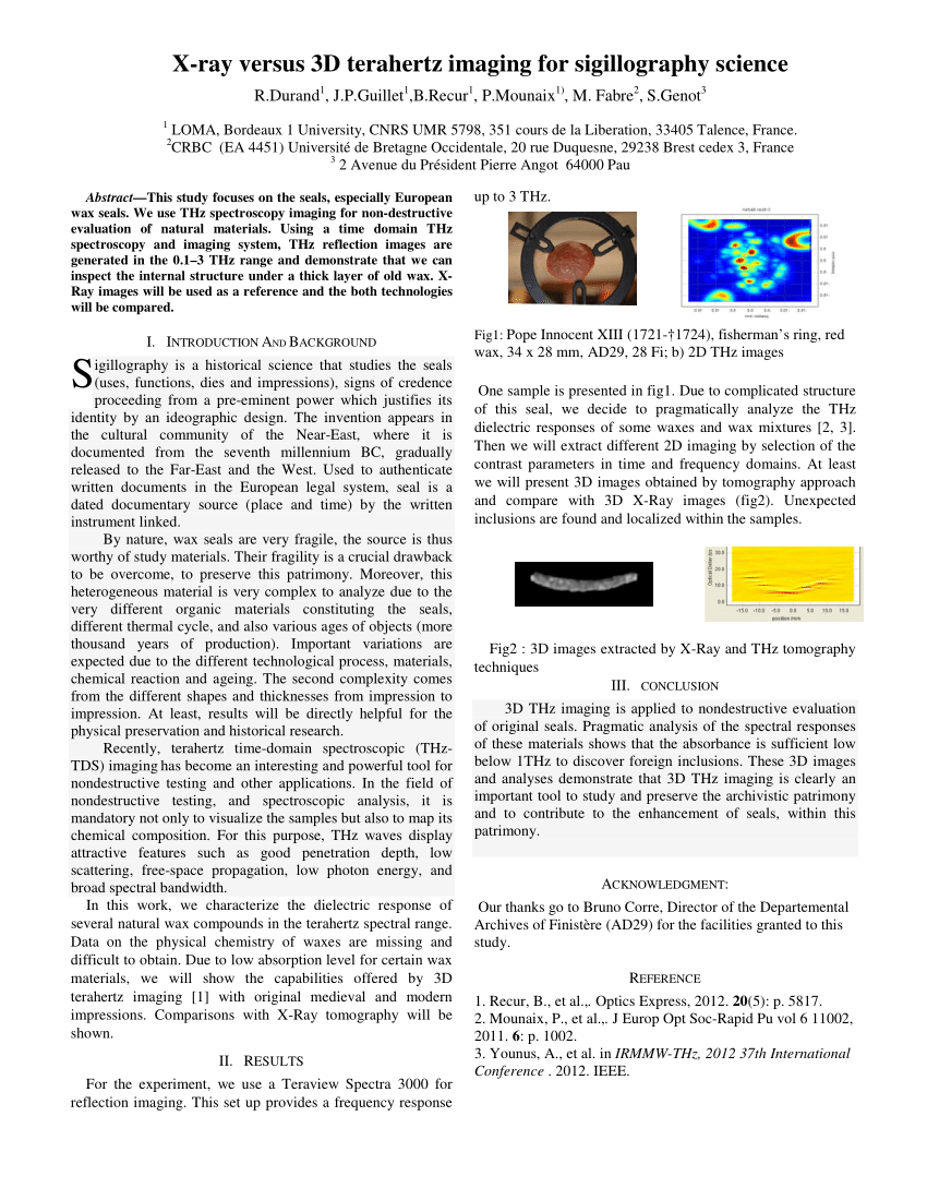 Pdf X Ray Versus 3d Terahertz Imaging For Sigillography Science