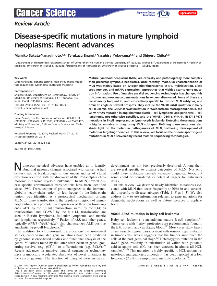 Pdf Disease Specific Mutations In Mature Lymphoid Neoplasms Recent Advances 