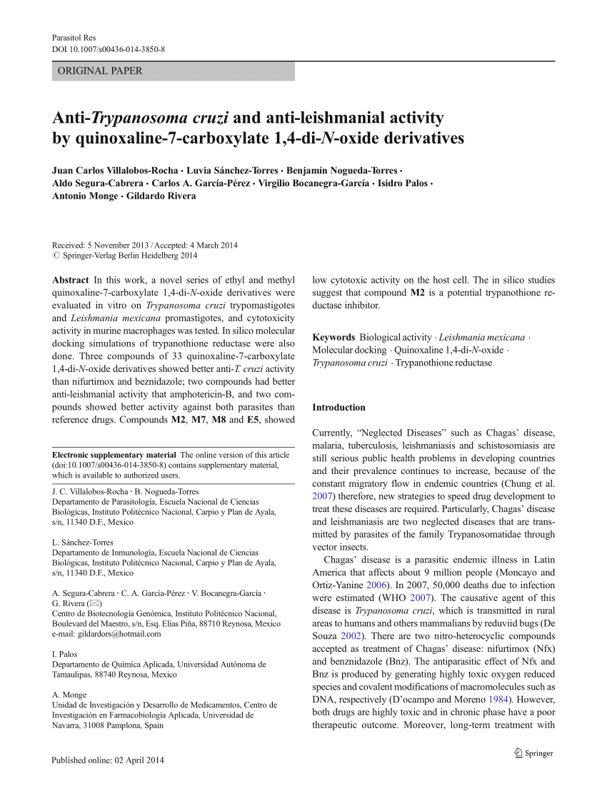 Pdf Anti Trypanosoma Cruzi And Anti Leishmanial Activity By Quinoxaline 7 Carboxylate 1 4 Di N Oxide Derivatives