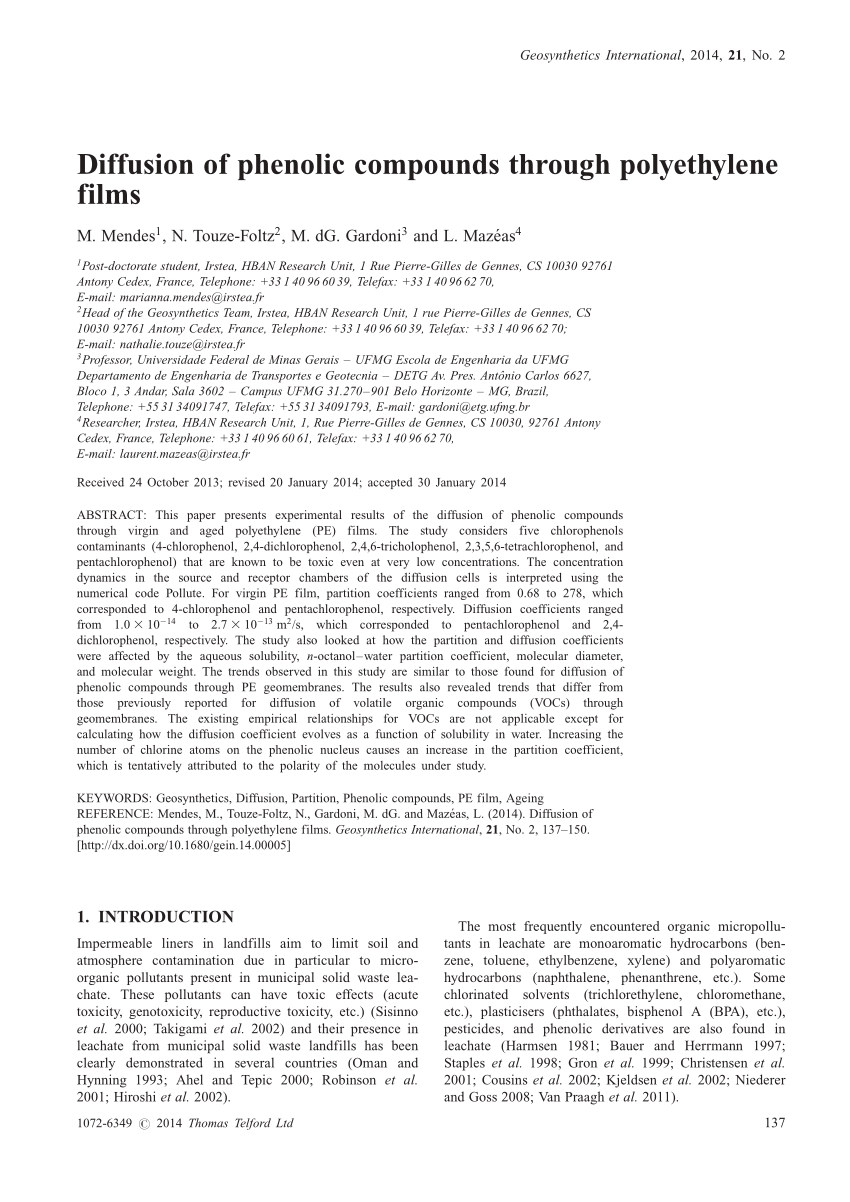 PDF) Diffusion of Chloride and Dichloromethane Through an HDPE Geomembrane