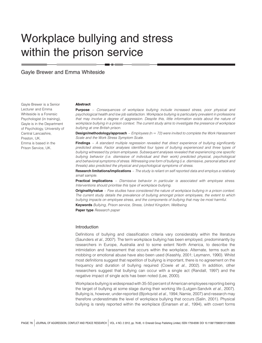 Pdf Workplace Bullying And Stress Within The Prison Service