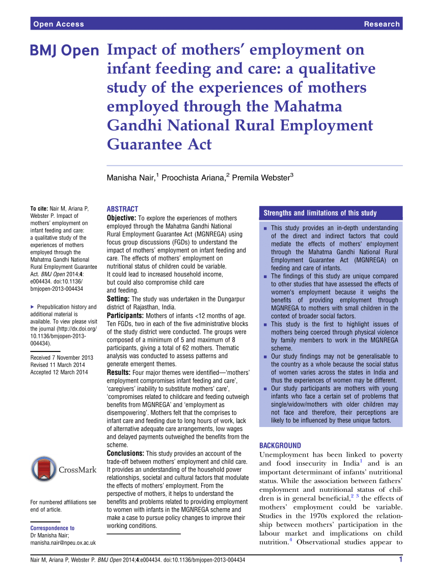 PDF) Impact of mothers' employment on infant feeding and care: A ...