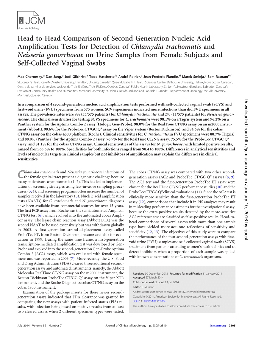 Pdf Head To Head Comparison Of Second Generation Nucleic Acid Amplification Tests For 7670