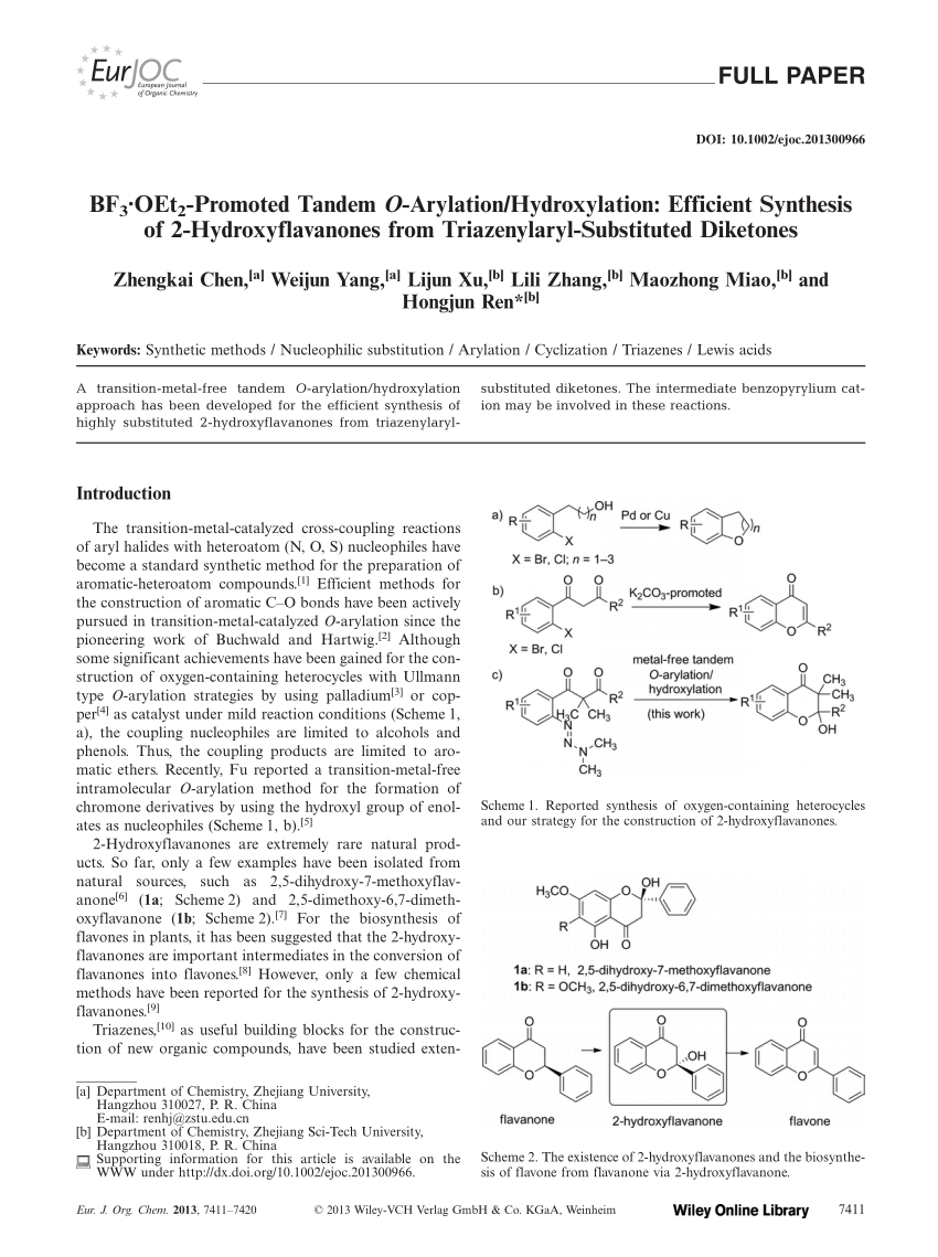 Pdf Bf3 Oet2 Promoted Tandem O Arylation Hydroxylation Efficient Synthesis Of 2 Hydroxyflavanones From Triazenylaryl Substituted Diketones