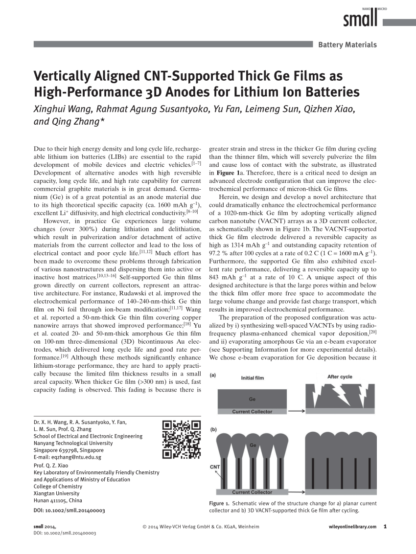 Pdf Vertically Aligned Cnt Supported Thick Ge Films As High Performance 3d Anodes For Lithium Ion Batteries