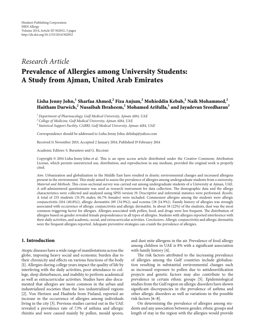 Pdf Prevalence Of Allergies Among University Students A Study From Ajman United Arab Emirates