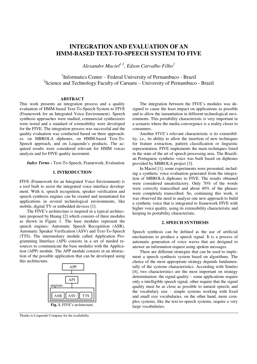 Pdf Integration And Evaluation Of An Hmm Based Text To Speech System To Five