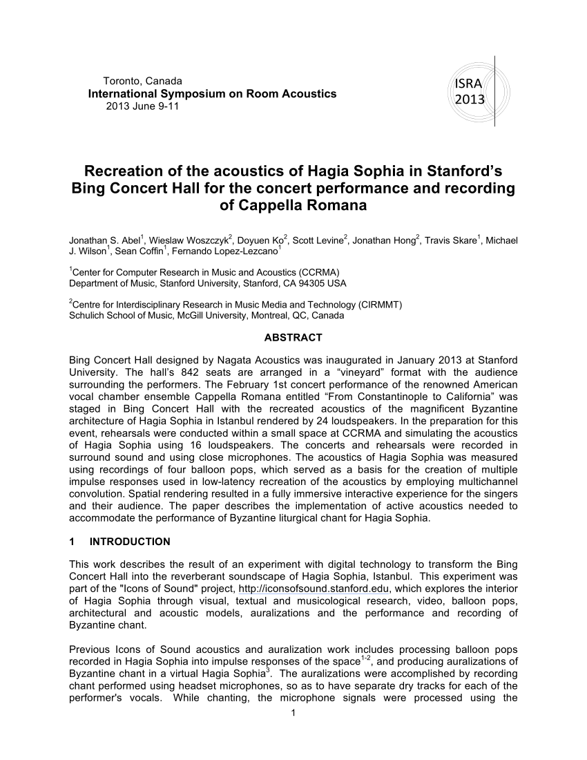 Pdf Recreation Of The Acoustics Of Hagia Sophia In