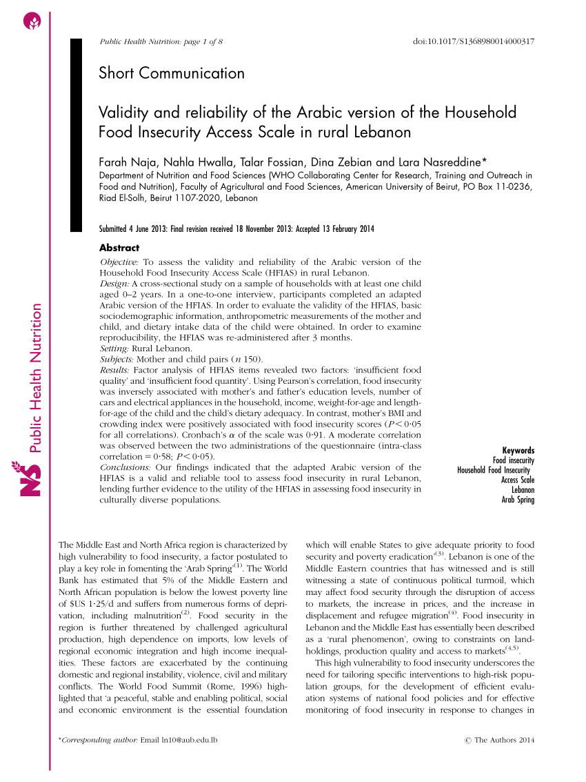 Pdf Validity And Reliability Of The Arabic Version Of The Household Food Insecurity Access Scale In Rural Lebanon