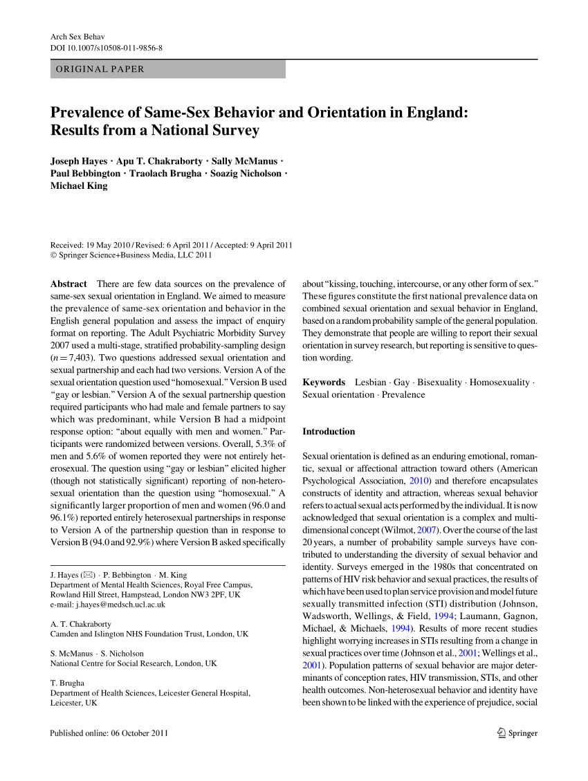 PDF) Hayes J, King M (2014). Same-sex behavior and orientation in England.  In: Michalos AC (Ed.). Encyclopedia of Quality of Life and Well-Being  Research. Springer, Dordrecht, Netherlands: Springer pp 5631-5634