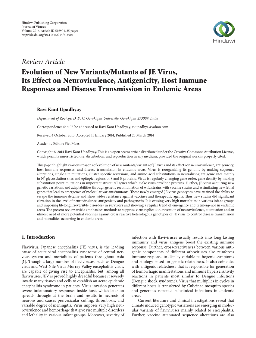 Pdf Review Article Evolution Of New Variants Mutants Of Je Virus Its Effect On Neurovirulence Antigenicity Host Immune Responses And Disease Transmission In Endemic Areas