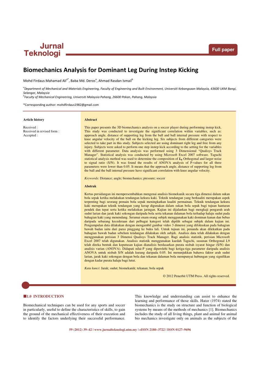 Pdf Bio Mechanics Analysis Of Instep Kicking Among Malaysian Football Players