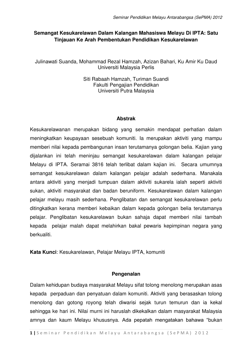 PDF) The Spirit of Volunteerism Among Malay Students in IPTA: A 