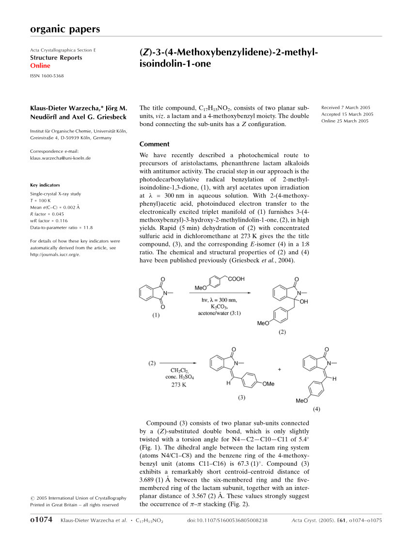 Pdf Z 3 4 Methoxy­benzyl­idene 2 Methyl­isoindolin 1 One 3841