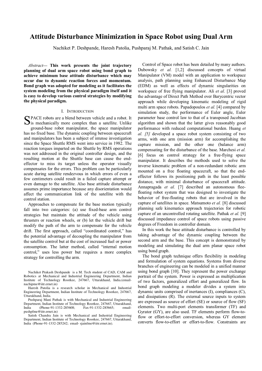 Pdf Attitude Disturbance Minimization In Space Robot Using Dual Arm