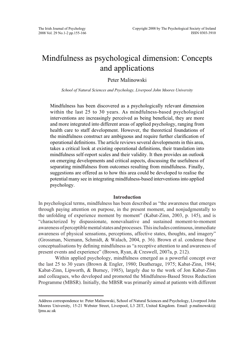 Pdf Mindfulness As Psychological Dimension Concepts And Applications