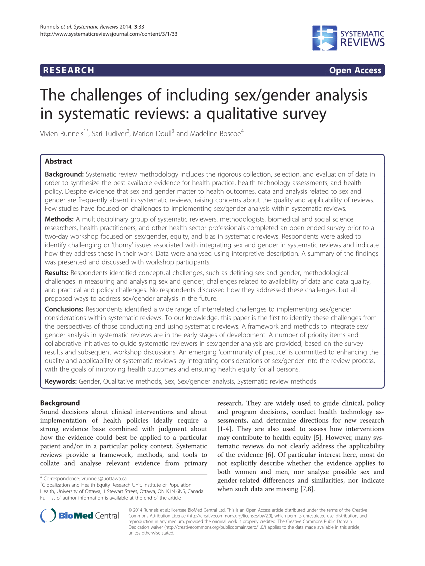 Pdf The Challenges Of Including Sexgender Analysis In Systematic Reviews A Qualitative Survey 