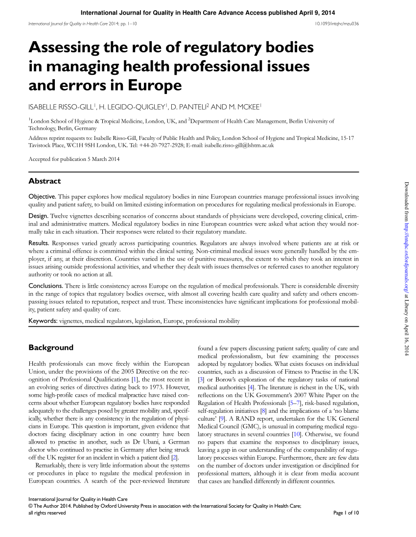 Pdf) Assessing The Role Of Regulatory Bodies In Managing Health  Professional Issues And Errors In Europe
