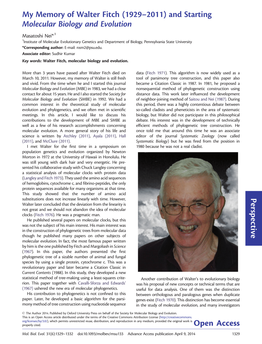 PDF) My Memory of Walter Fitch (1929–2011) and Starting Molecular Biology and Evolution