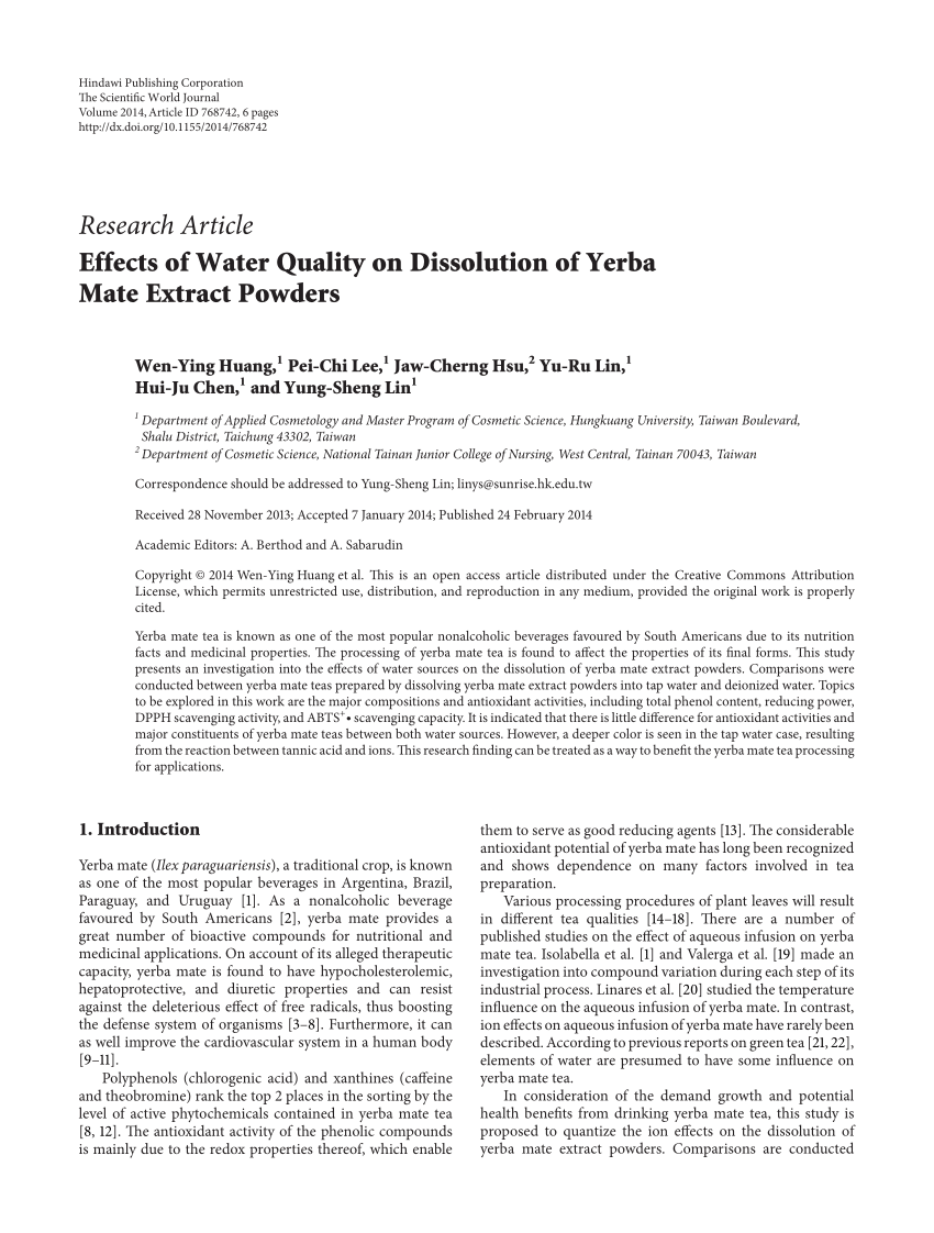 PDF) Effects of Water Quality on Dissolution of Yerba Mate Extract Powders