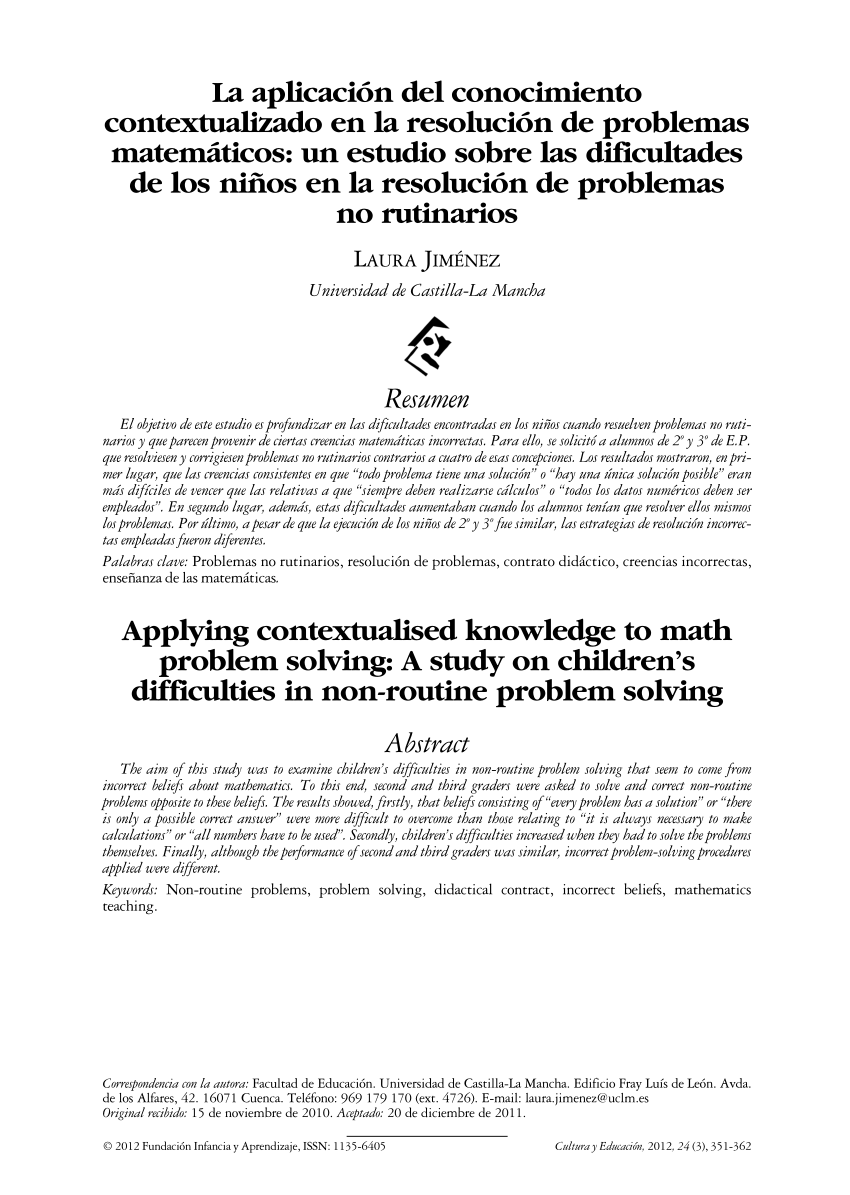 PDF) La aplicación del conocimiento contextualizado en la resolución de  problemas matemáticos un estudio sobre las dificultades de los niños en la  resolución de problemas no rutinarios