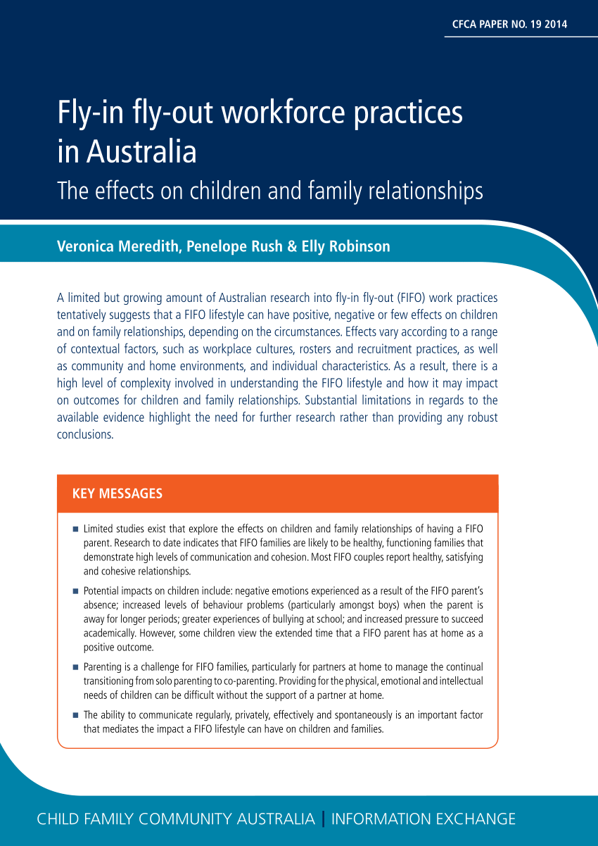 Pdf) Child Family Community Australia┃Information Exchange Fly-In Fly-Out  Workforce Practices In Australia The Effects On Children And Family  Relationships