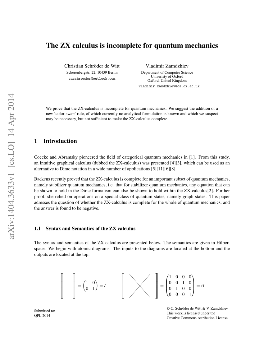 PDF) The ZX calculus is incomplete for quantum mechanics