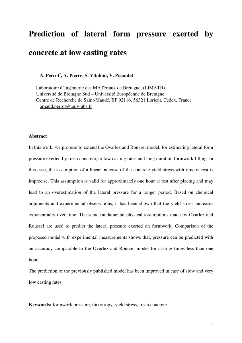 Pdf Prediction Of Lateral Form Pressure Exerted By Concrete At Low Casting Rates