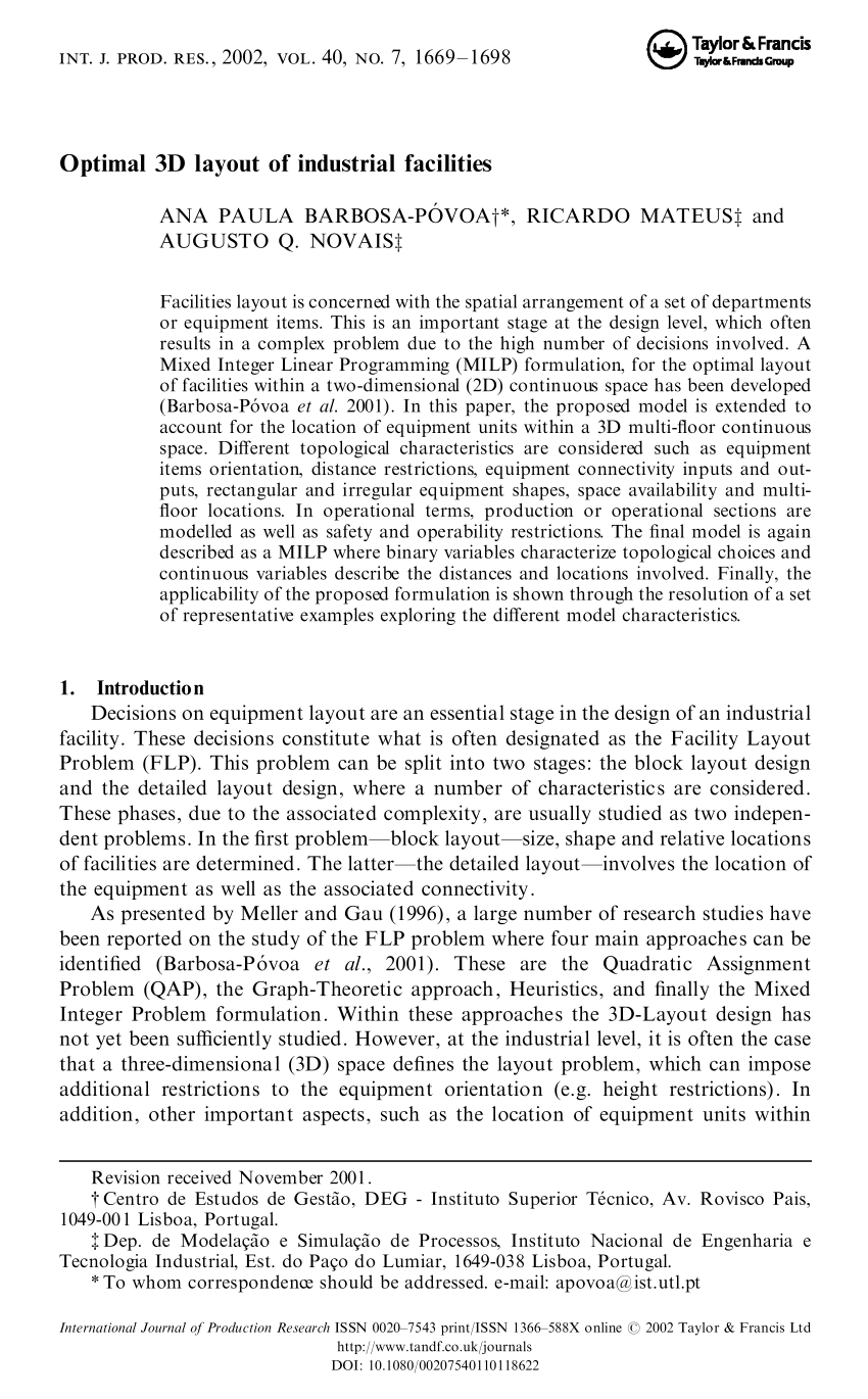 Pdf Optimal 3d Layout Of Industrial Facilities