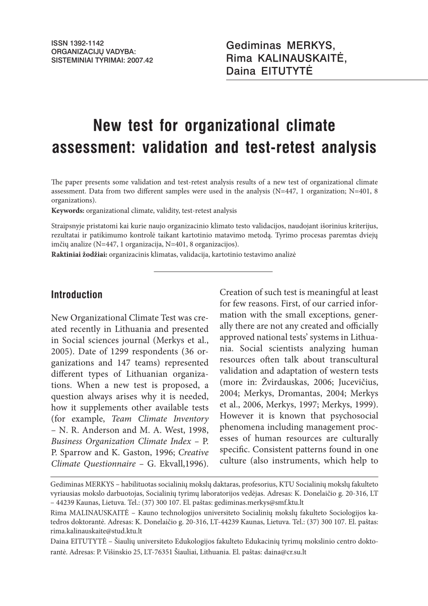 Unrelenting Commemorative accelerator PDF) New test for organizational climate assessment: validation and  test-retest analysis