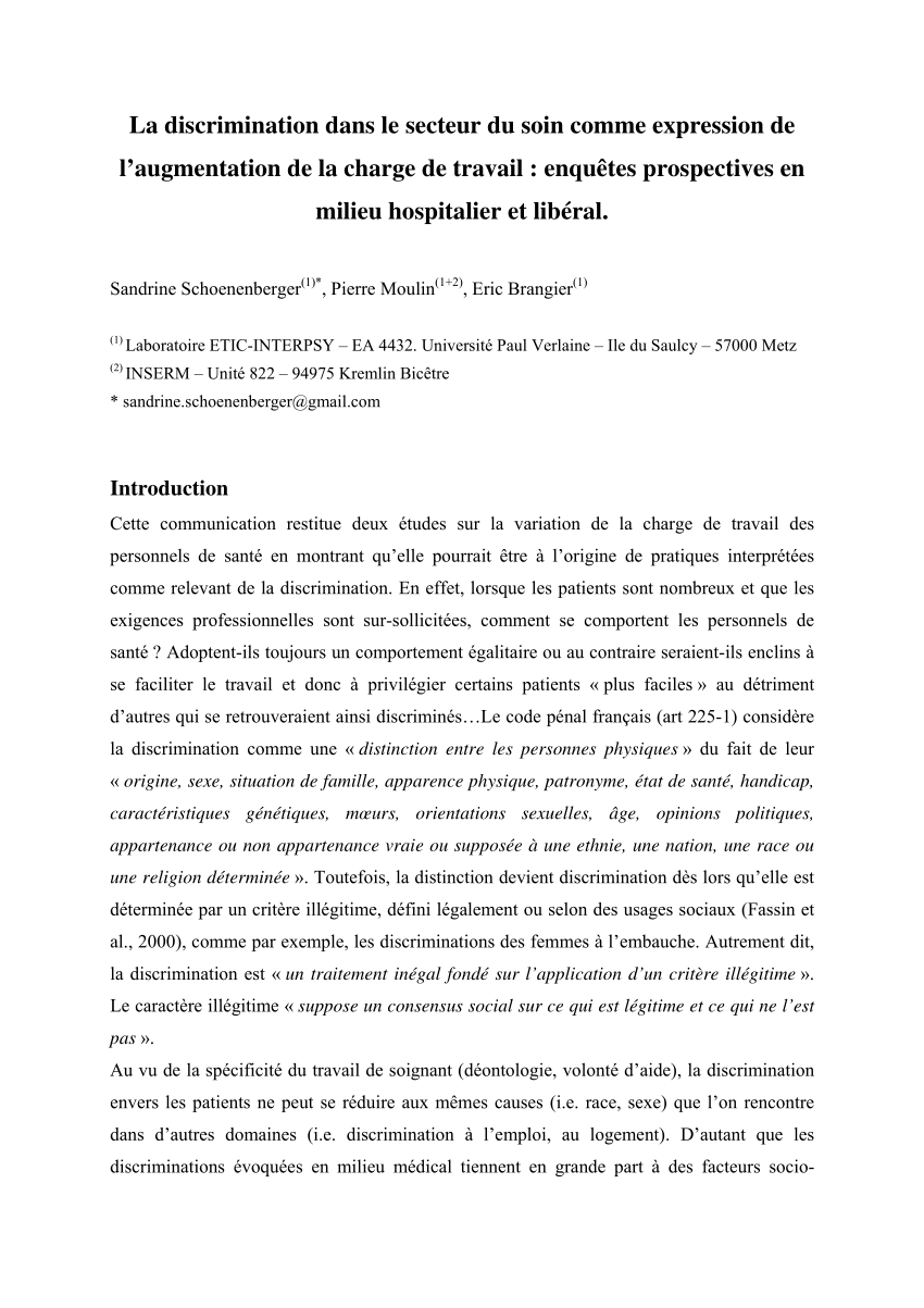 Pdf La Discrimination Dans Le Secteur Du Soin Comme Expression De L Augmentation De La Charge De Travail Enquetes Prospectives En Milieu Hospitalier Et Liberal