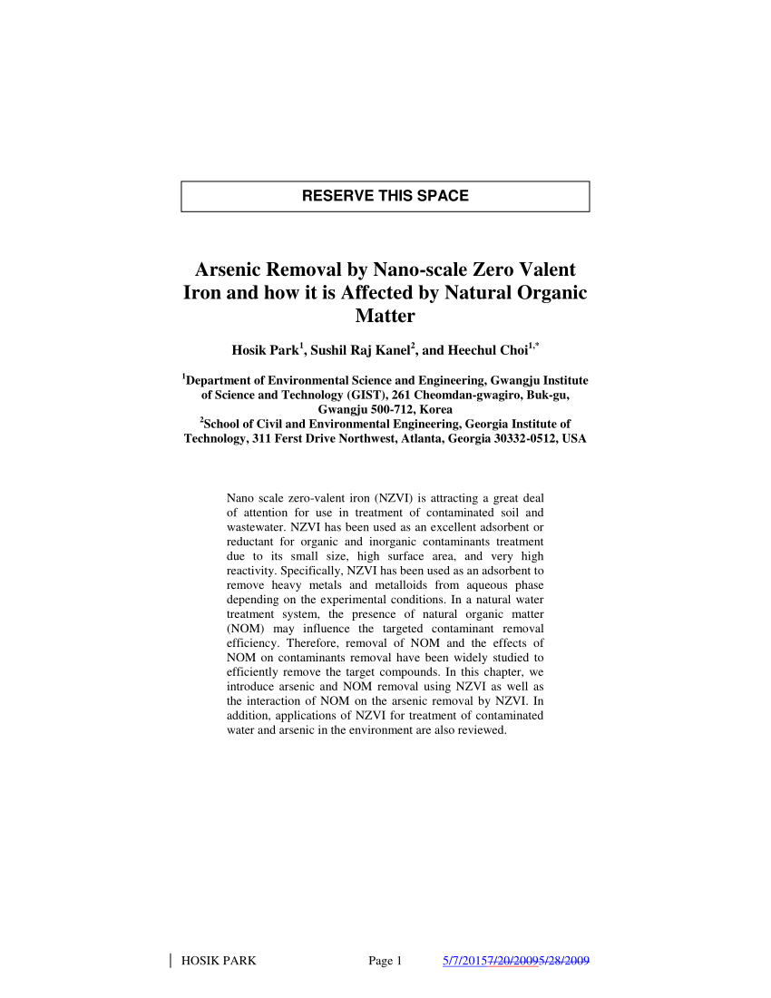 Pdf Arsenic Removal By Nano Scale Zero Valent Iron And How It Is Affected By Natural Organic Matter