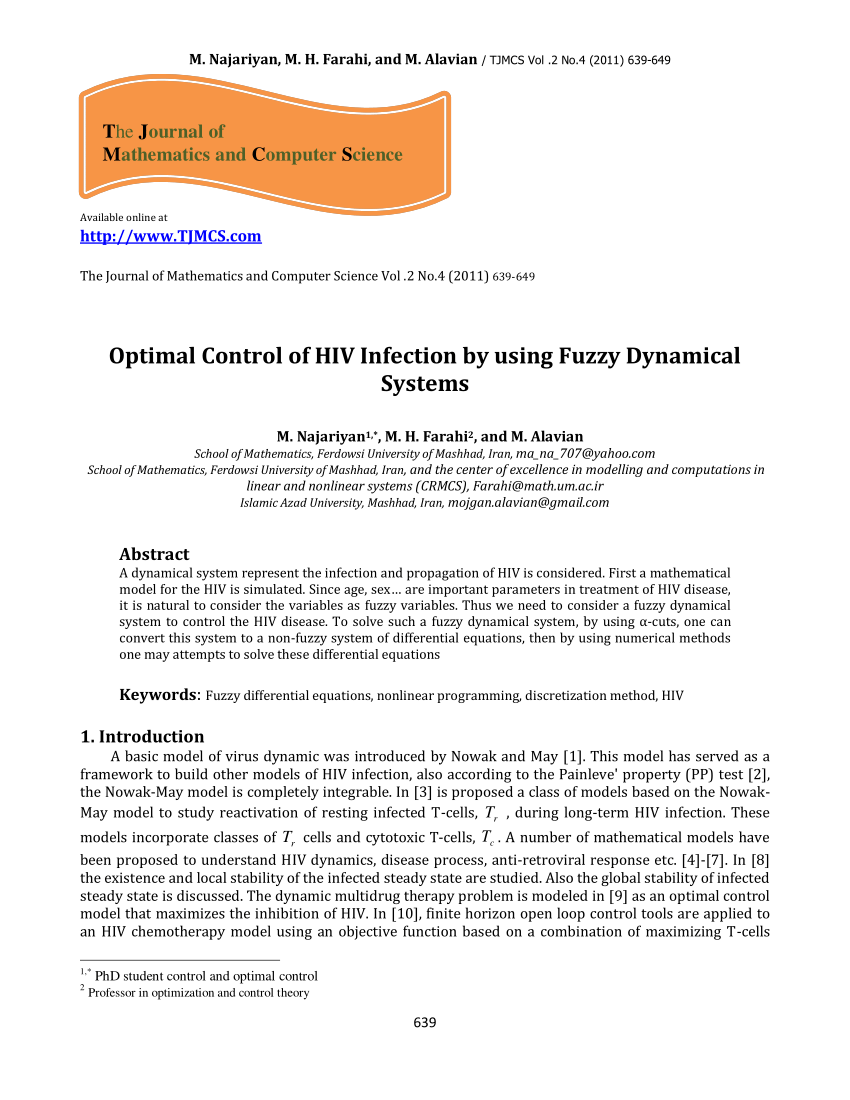 Pdf Optimal Control Of Hiv Infection By Using Fuzzy Dynamical Systems