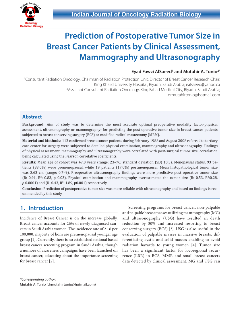 (PDF) Prediction of Postoperative Tumor Size in Breast Cancer Patients ...