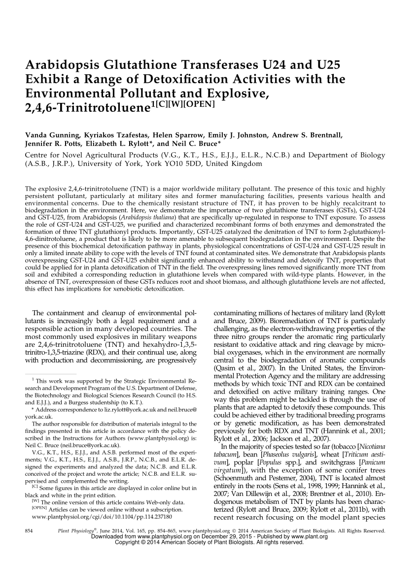 Pdf Arabidopsis Glutathione Transferases U24 And U25 Exhibit A Range Of Detoxification Activities With The Environmental Pollutant And Explosive 2 4 6 Trinitrotoluene