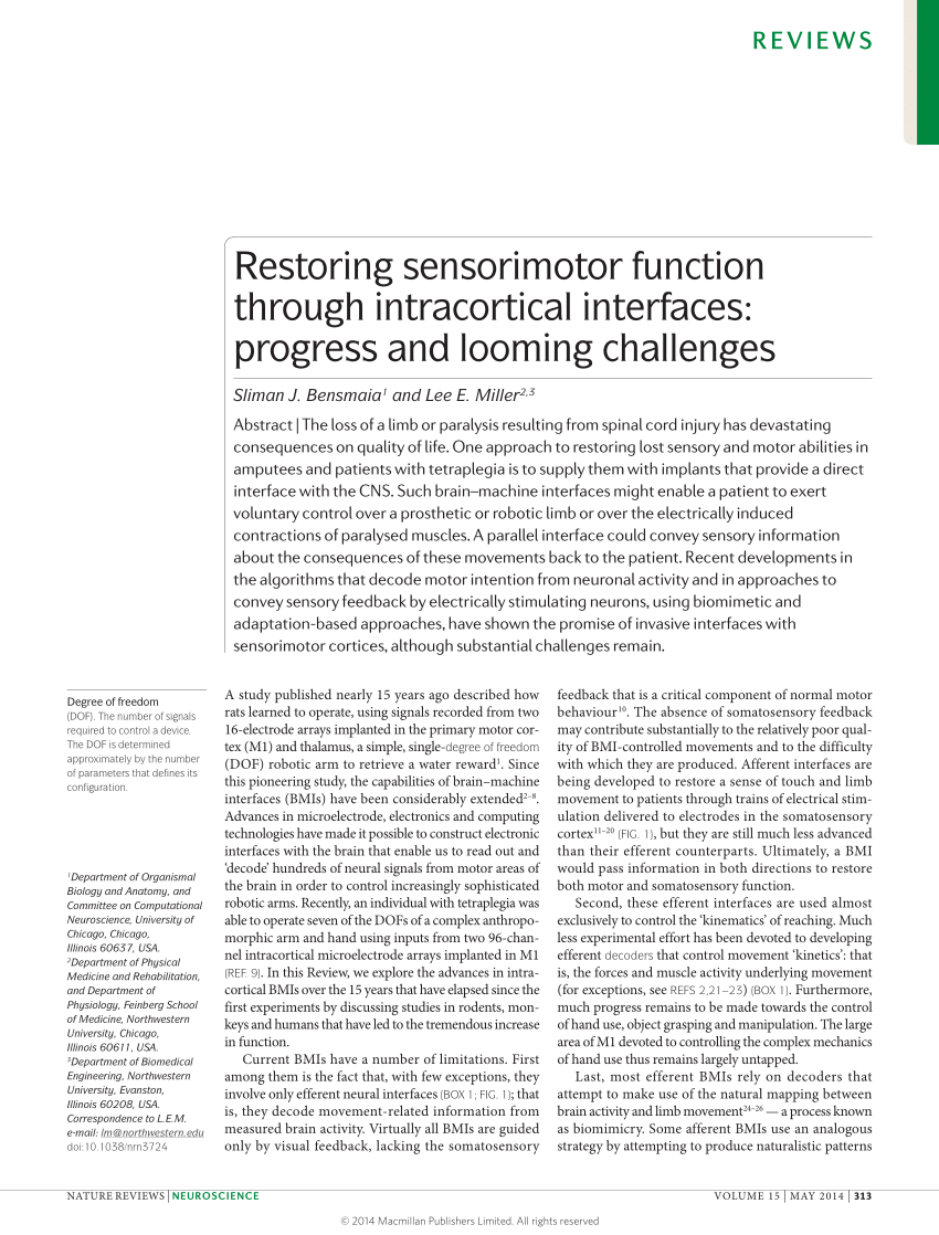 Pdf Restoring Sensorimotor Function Through Intracortical Interfaces