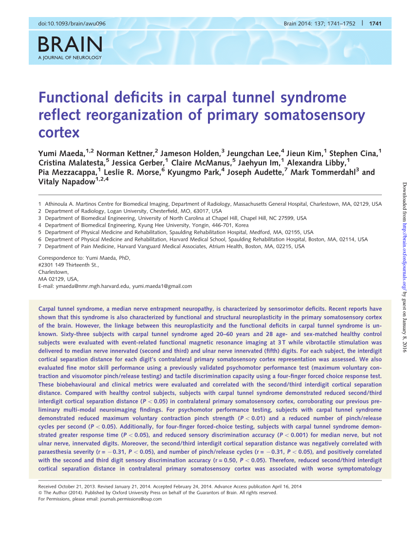 PDF) Functional deficits in carpal tunnel syndrome reflect reorganization  of primary somatosensory cortex