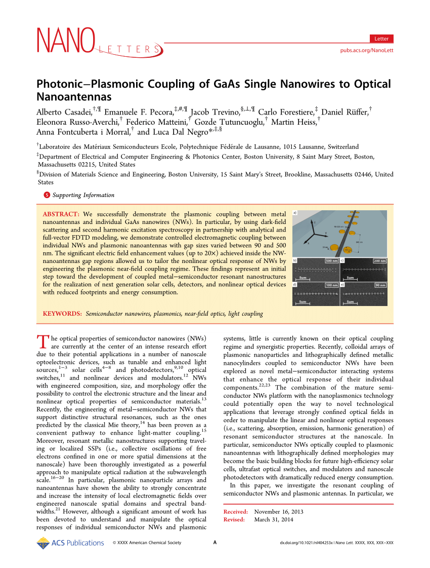 PDF Photonic Plasmonic Coupling of GaAs Single Nanowires to  