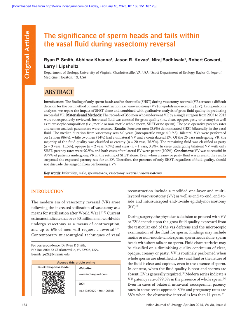 Pdf The Significance Of Sperm Heads And Tails In The Vasal Fluid During Vasectomy Reversal 