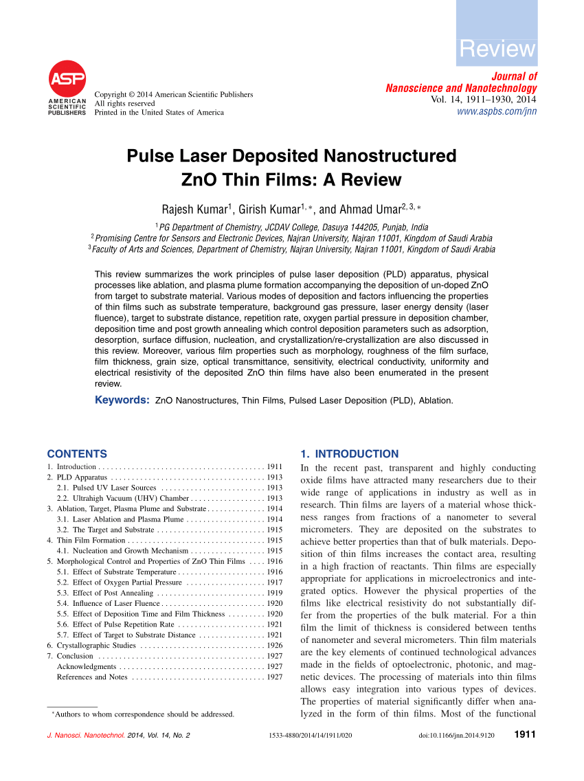 PDF) Pulse Laser Deposited Nanostructured ZnO Thin Films: A Review