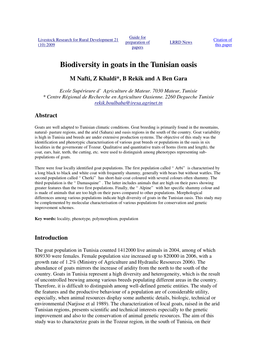 Pdf Biodiversity In Goats In The Tunisian Oasis