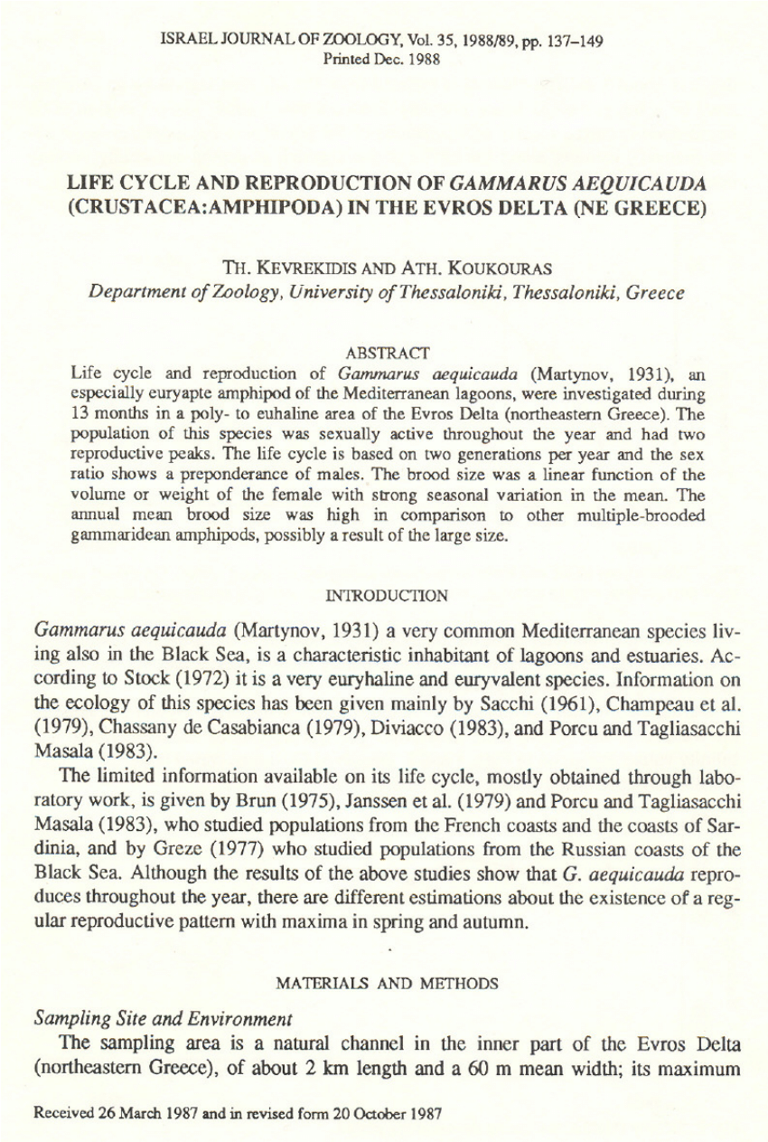 (PDF) Life cycle and reproduction of Gammarus aequicauda (Crustacea