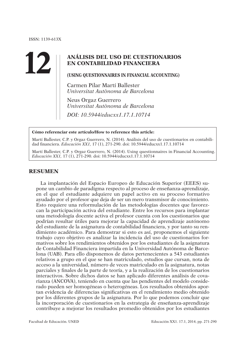 Pdf Analisis Del Uso De Cuestionarios En Contabilidad Financiera