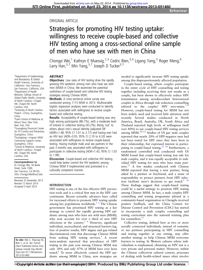 Pdf Strategies For Promoting Hiv Testing Uptake Willingness To Receive Couple Based And 