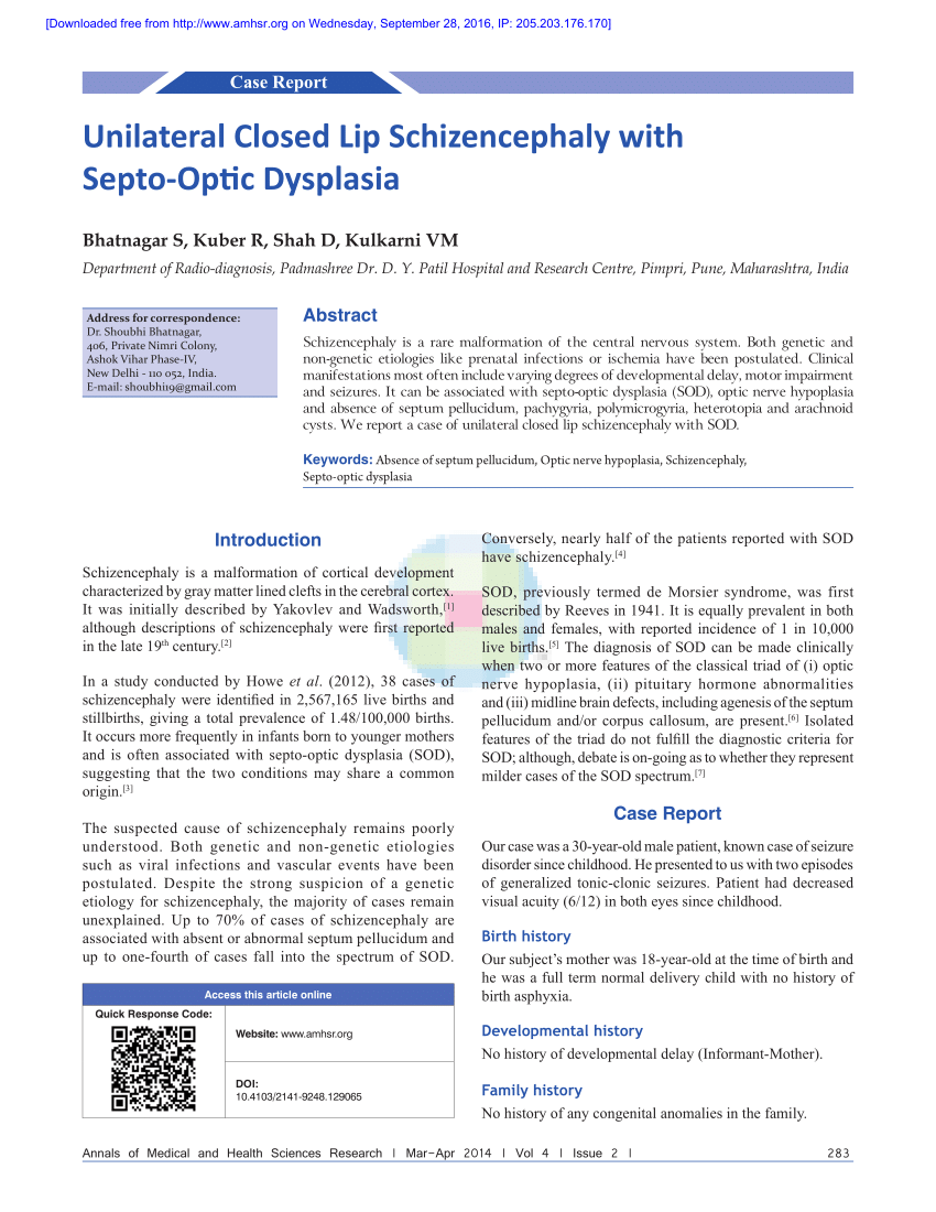 Pdf Unilateral Closed Lip Schizencephaly With Septo Optic