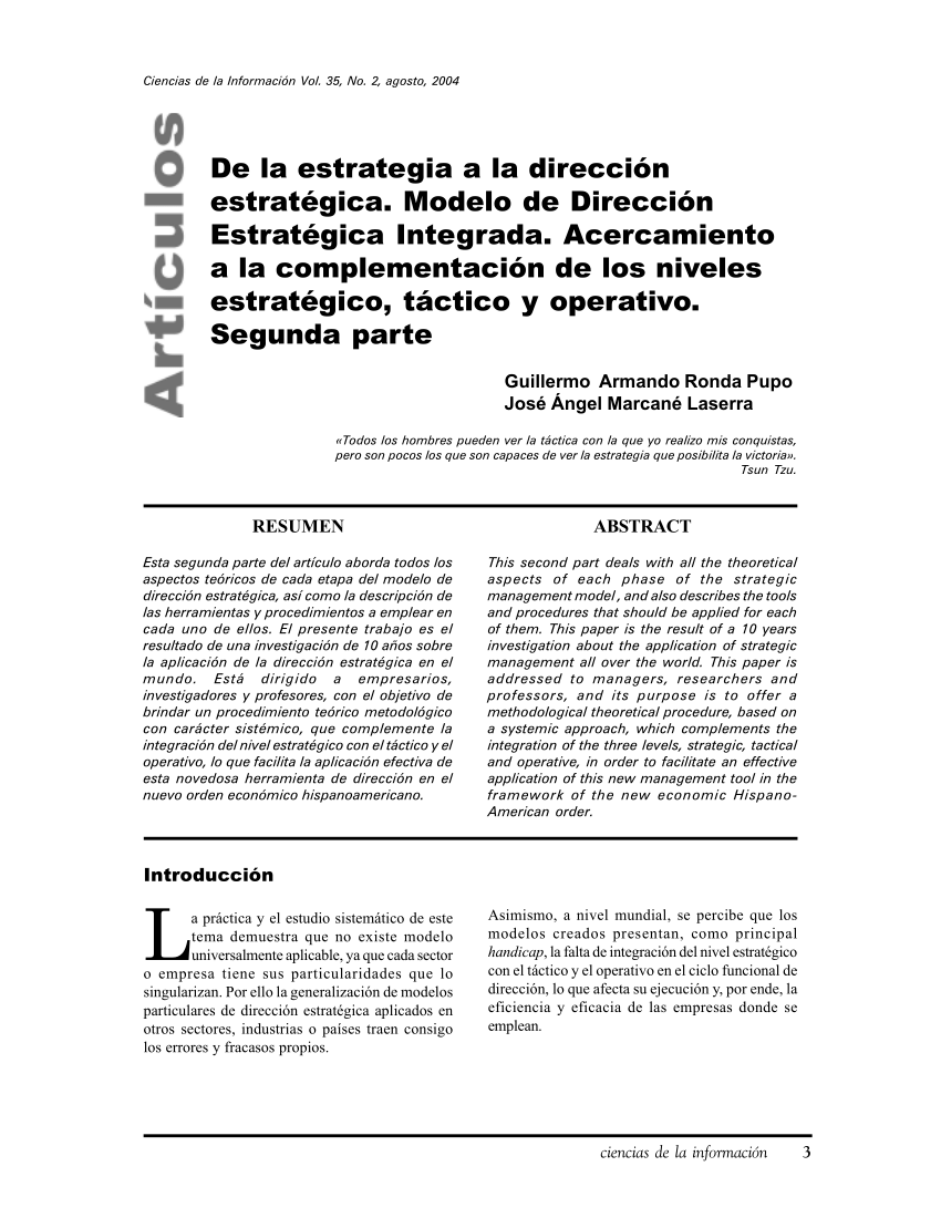 PDF) De la estrategia a la dirección estratégica. Modelo de Dirección  Estratégica Integrada. Acercamiento a la complementación de los niveles  estratégico, táctico y operativo. Segunda parte