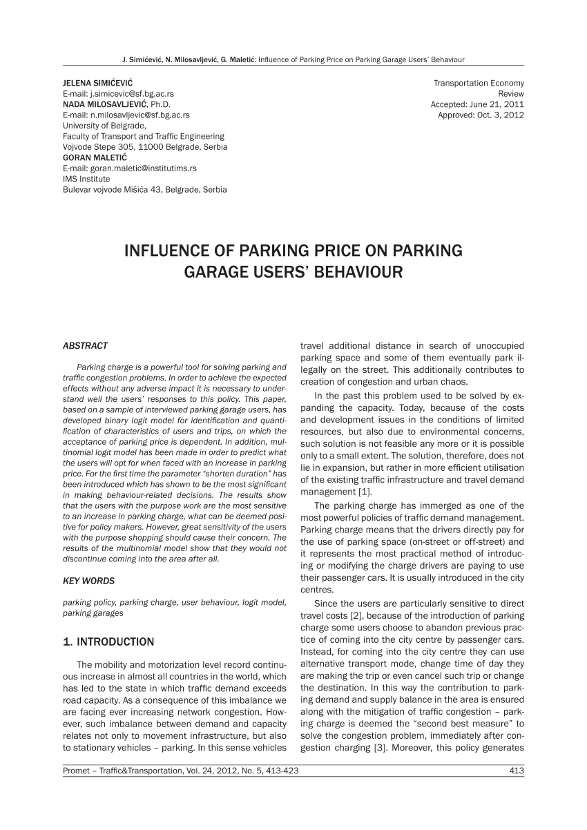 Pdf Influence Of Parking Price On Parking Garage Users Behaviour