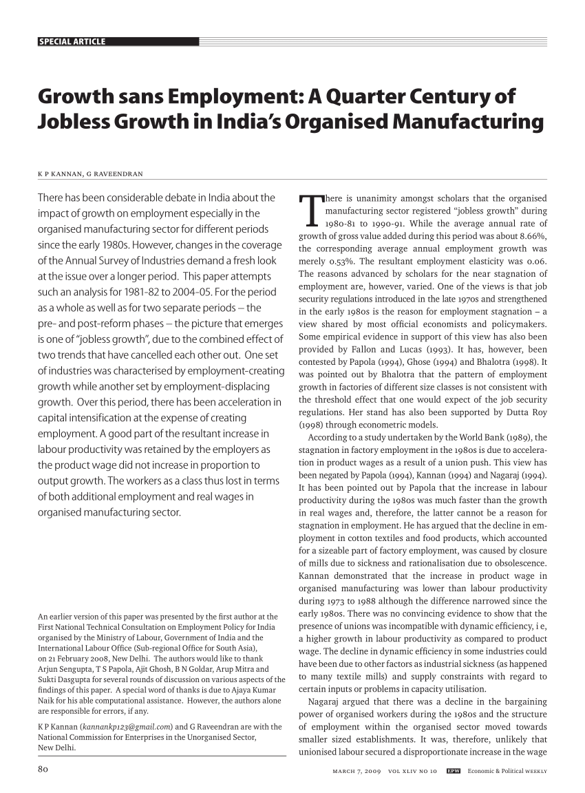 Pdf Growth Sans Employment A Quarter Century Of Jobless Growth In India S Organised Manufacturing